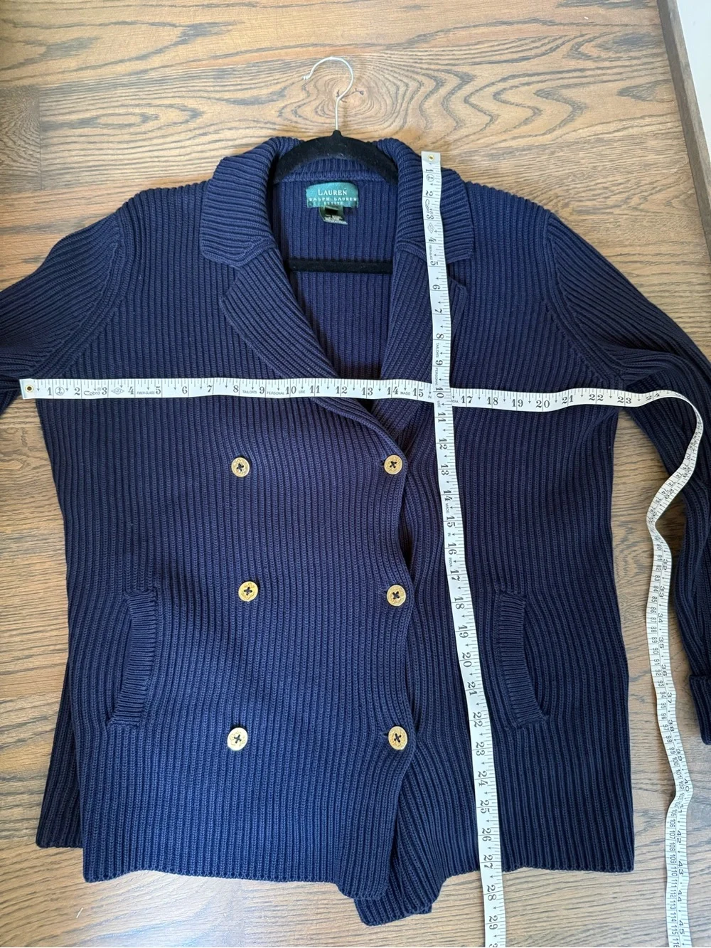 Ralph Lauren Petite Navy Ribbed Knit Cardigan with gold buttons. Size M. EUC.